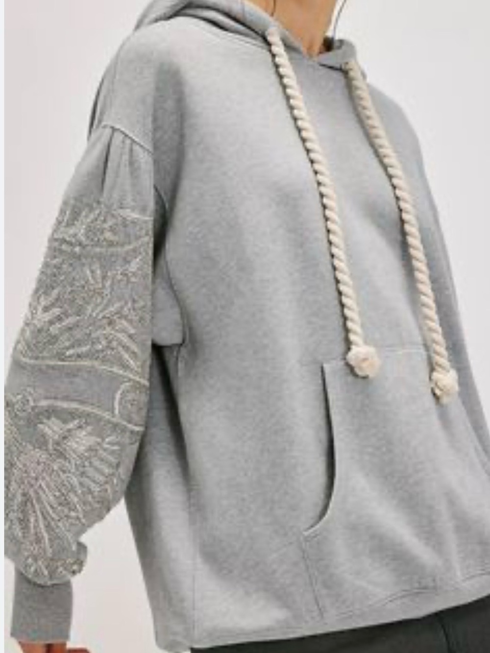 Free People Light Gray Embroidered Hoodie with Rope Drawstrings - Picture 3 of 13